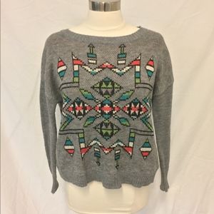 Wet Seal Gray Oversized Tribal Print Sweater Extra Small